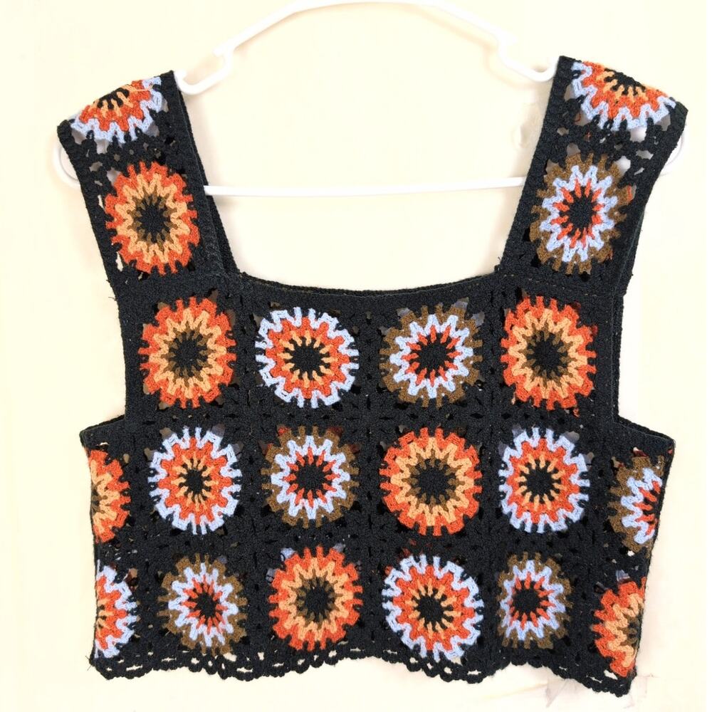 Asos crocheted Granny Square knit cropped top Size Small Black Festival Boho